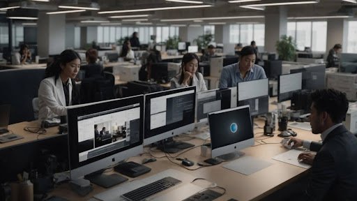 Employees sitting at their computers reviewing Interfax vs Etherfax comparisons